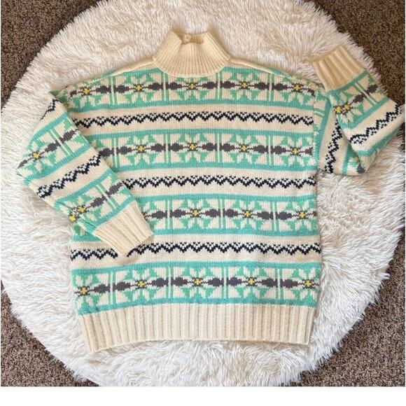 American Eagle Fair Isle Turtleneck Sweater Oversized XS Green / Beige Y2K Boho - Picture 5 of 6